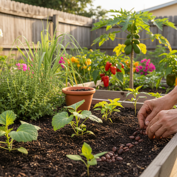 Planting caribbean garden seed in a vibrant backyard raised bed for home gardening inspiration