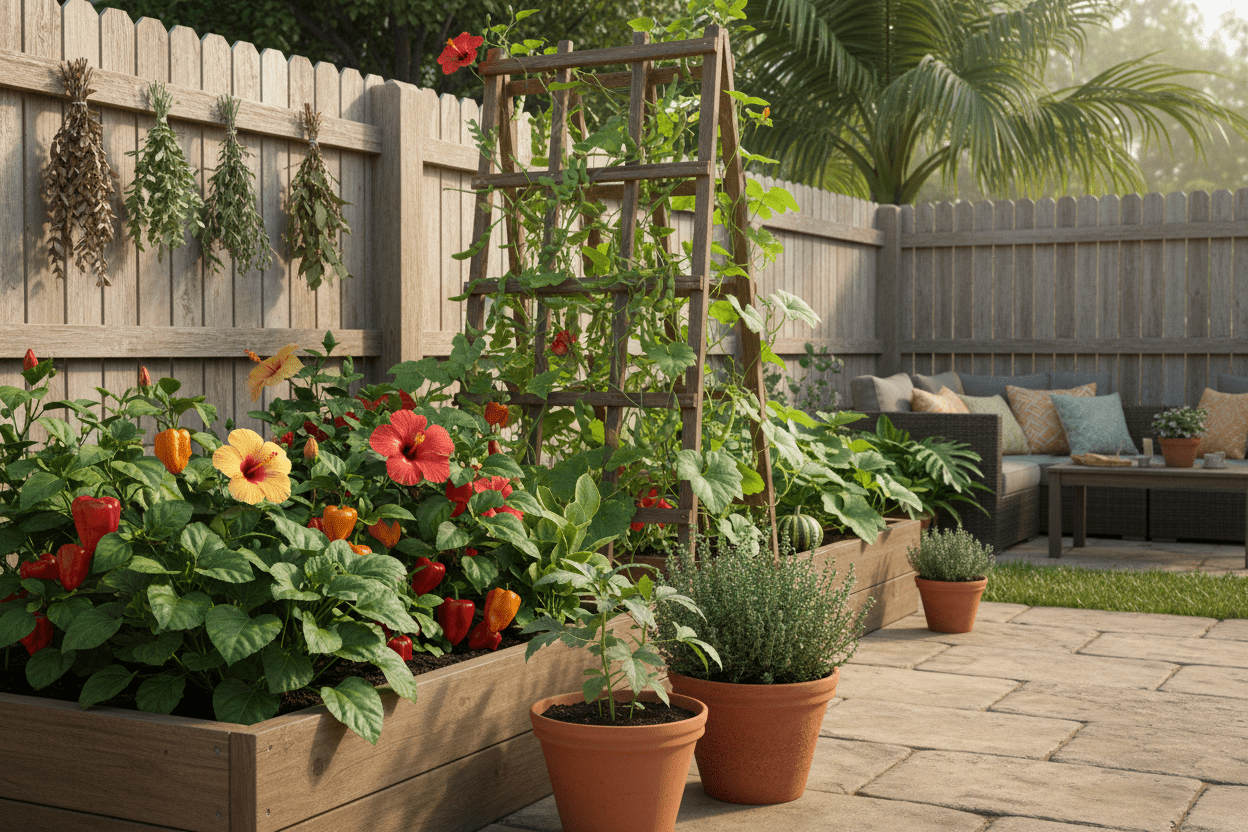 Lush backyard garden beds with vibrant plants grown from caribbean garden seed for home gardeners and patios