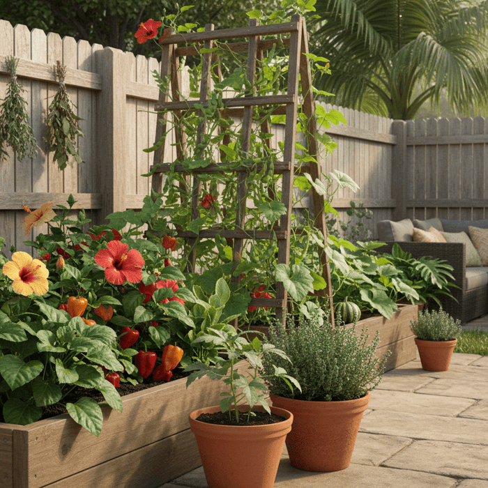 Lush backyard garden beds with vibrant plants grown from caribbean garden seed for home gardeners and patios