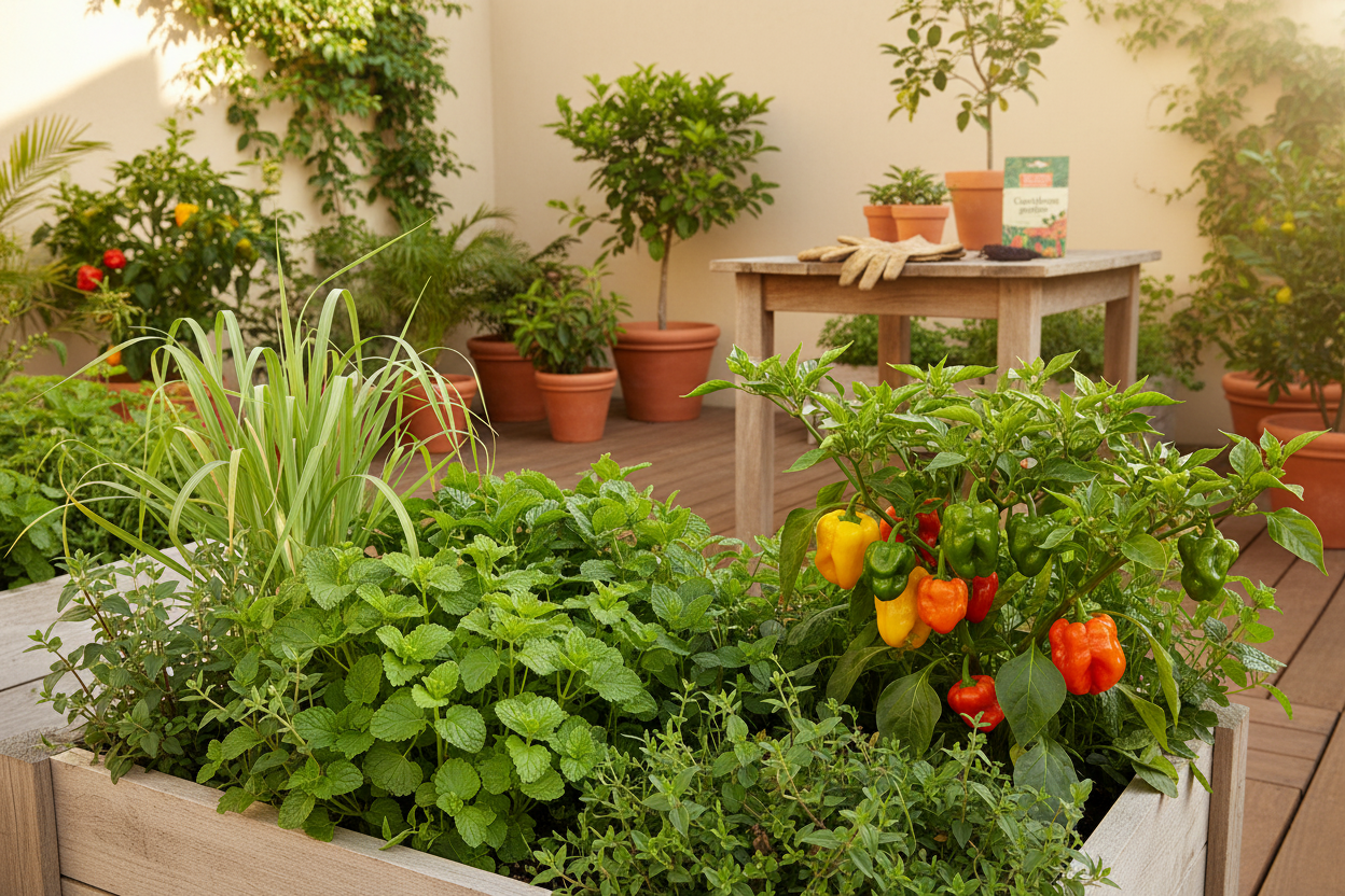 Thriving raised bed with herbs and peppers grown from caribbean garden seed for home gardeners