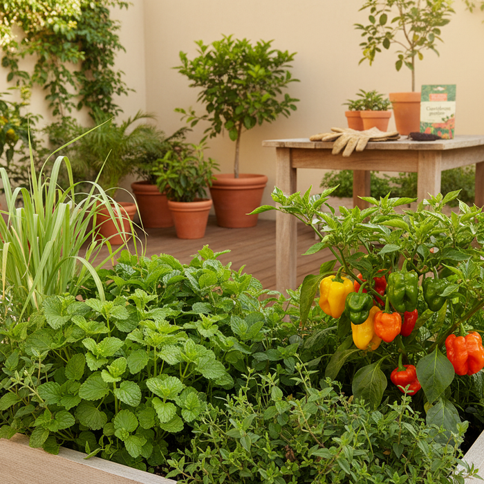 Thriving raised bed with herbs and peppers grown from caribbean garden seed for home gardeners
