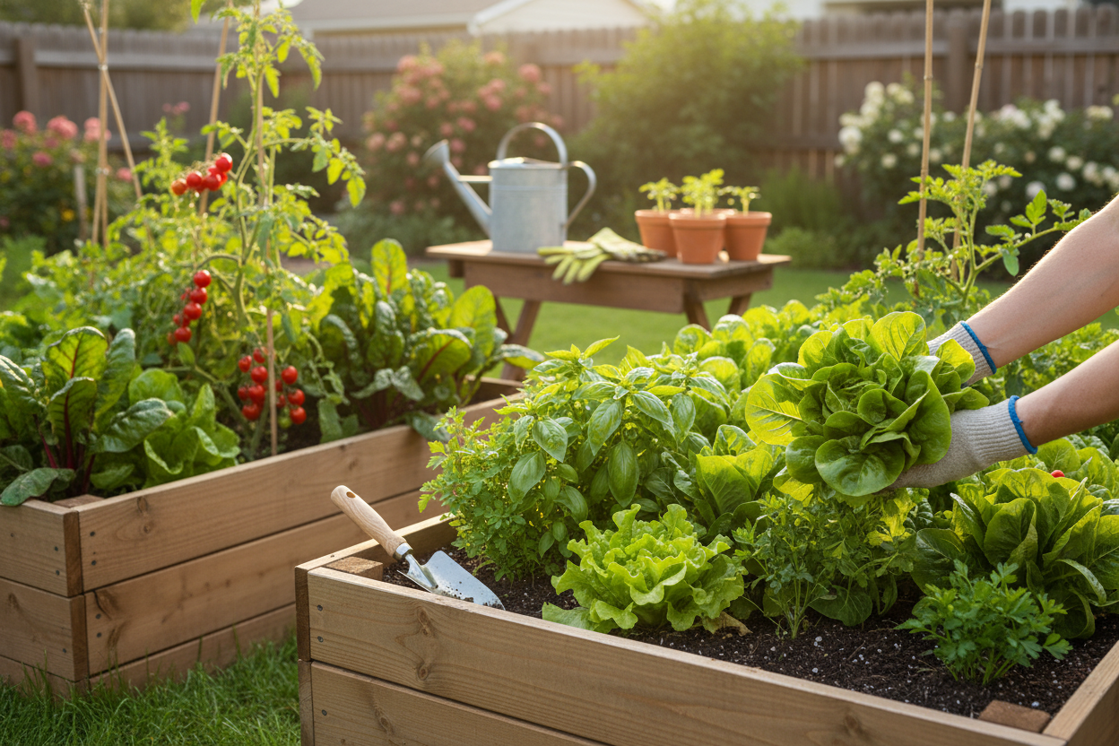 Growing edible plants at home in raised garden beds with fresh lettuce, tomatoes, and herbs for healthy meals