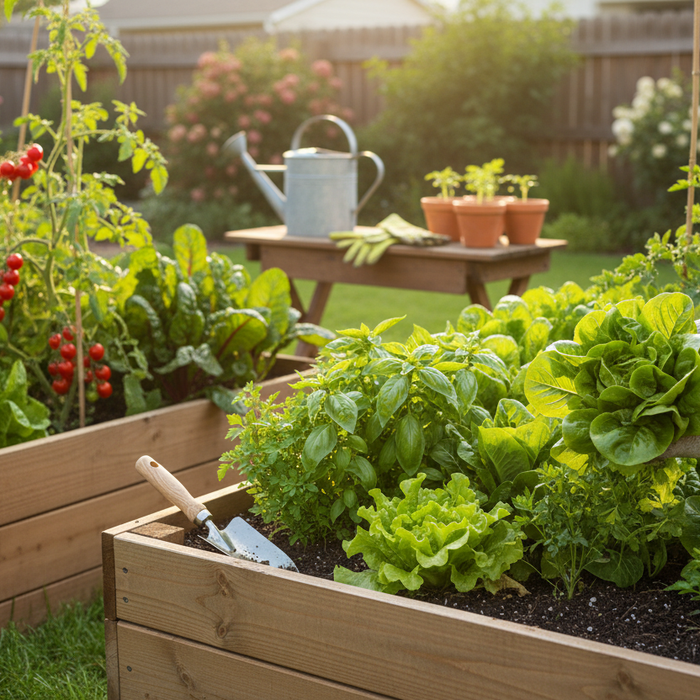 Growing edible plants at home in raised garden beds with fresh lettuce, tomatoes, and herbs for healthy meals
