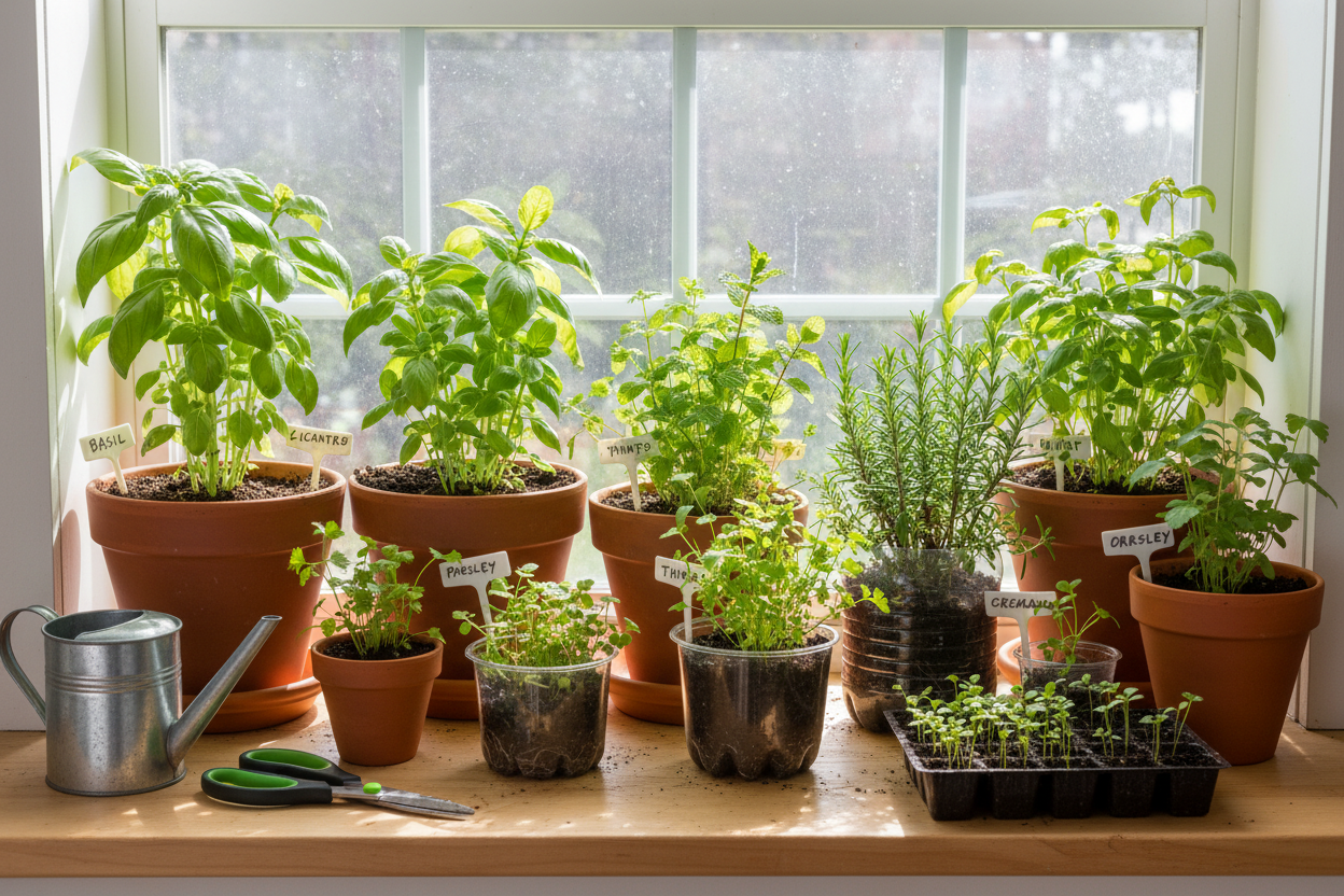 Growing herbs from seeds indoors on a sunny windowsill for a thriving home garden setup