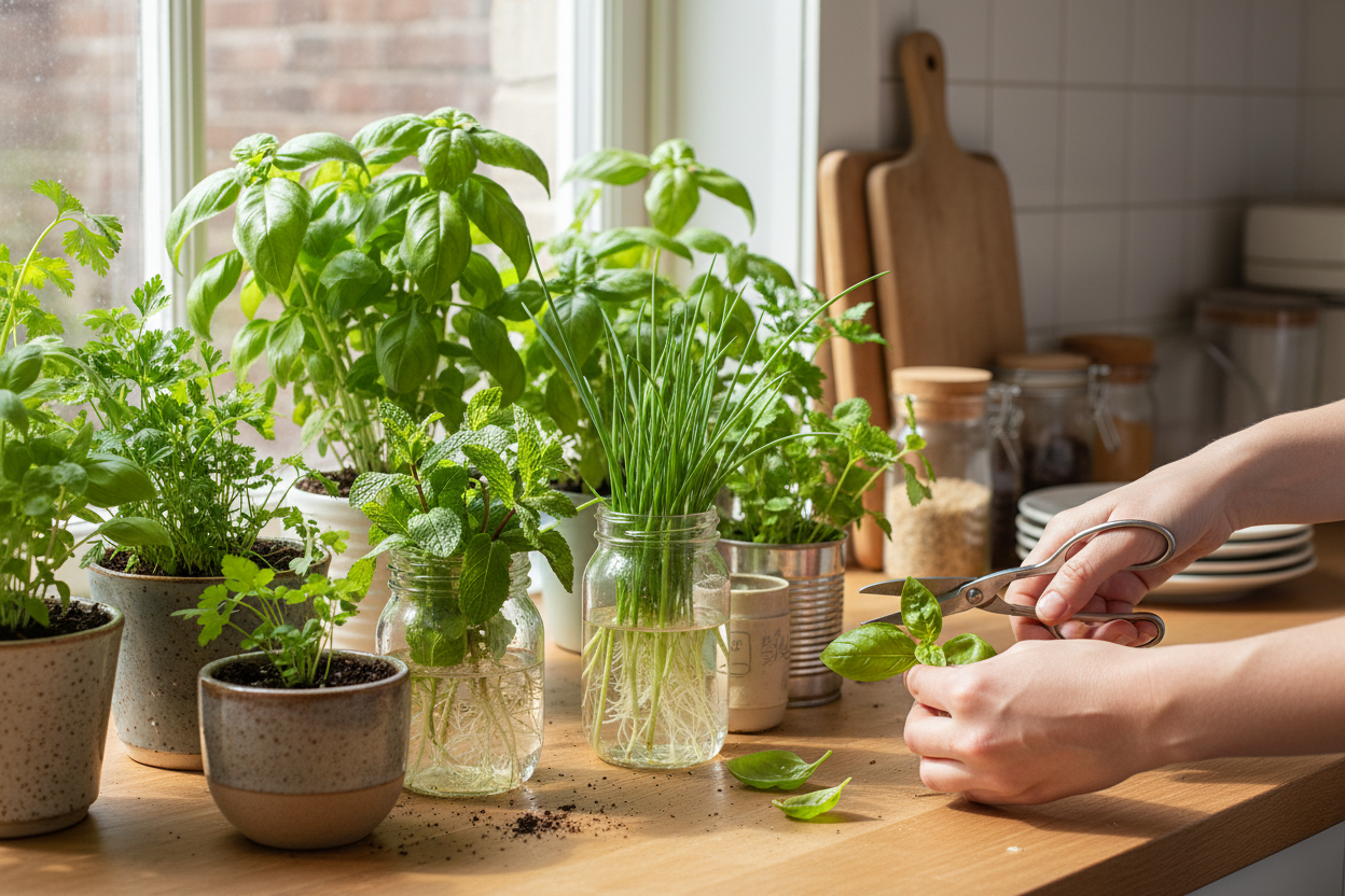 Fresh kitchen herbs thriving in pots by a sunny window, perfect for growing herbs from seeds indoors
