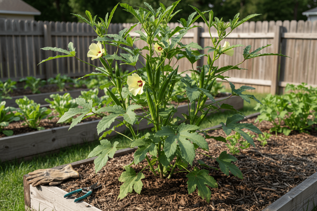Thriving okra plant in a raised bed garden showcasing tips for growing okra at home
