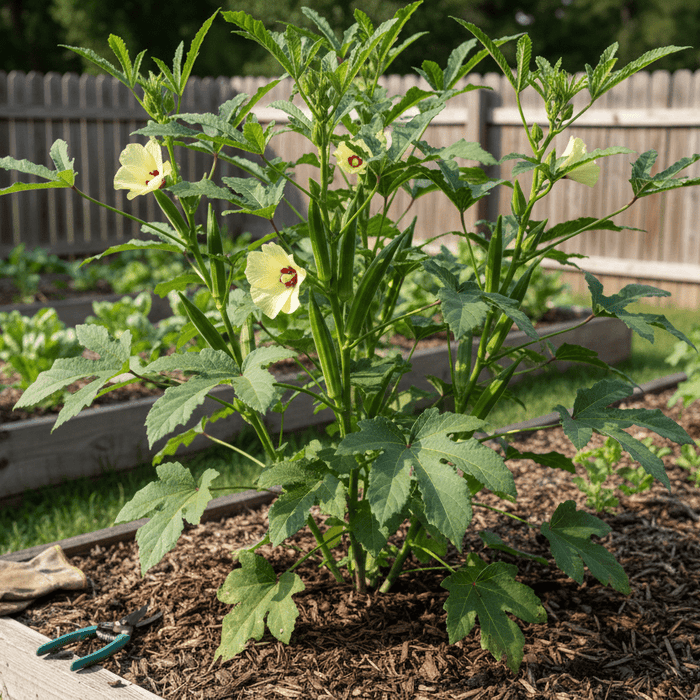 Thriving okra plant in a raised bed garden showcasing tips for growing okra at home