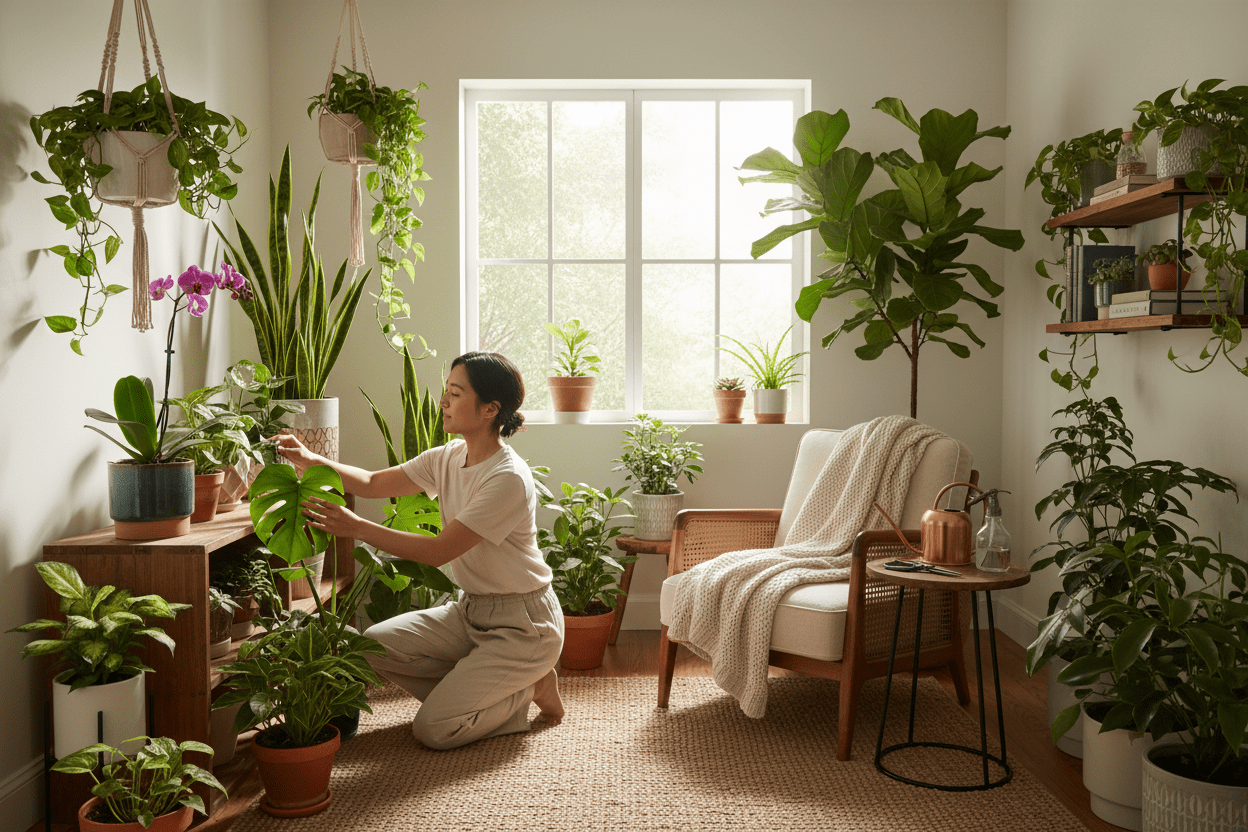 Woman tending lush houseplants in bright living room for an indoor plant care guide for home gardeners