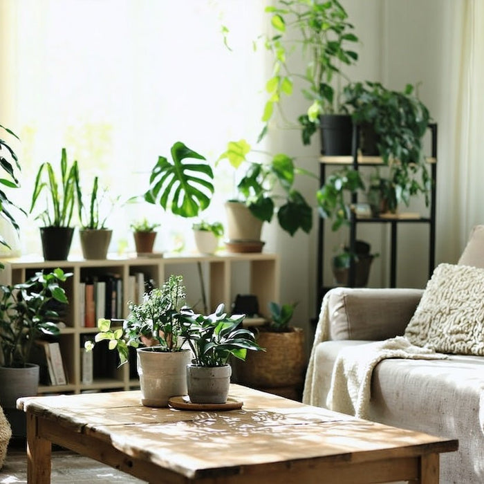 Bright living room filled with indoor plants for air purification, inviting you to create a healthier home garden