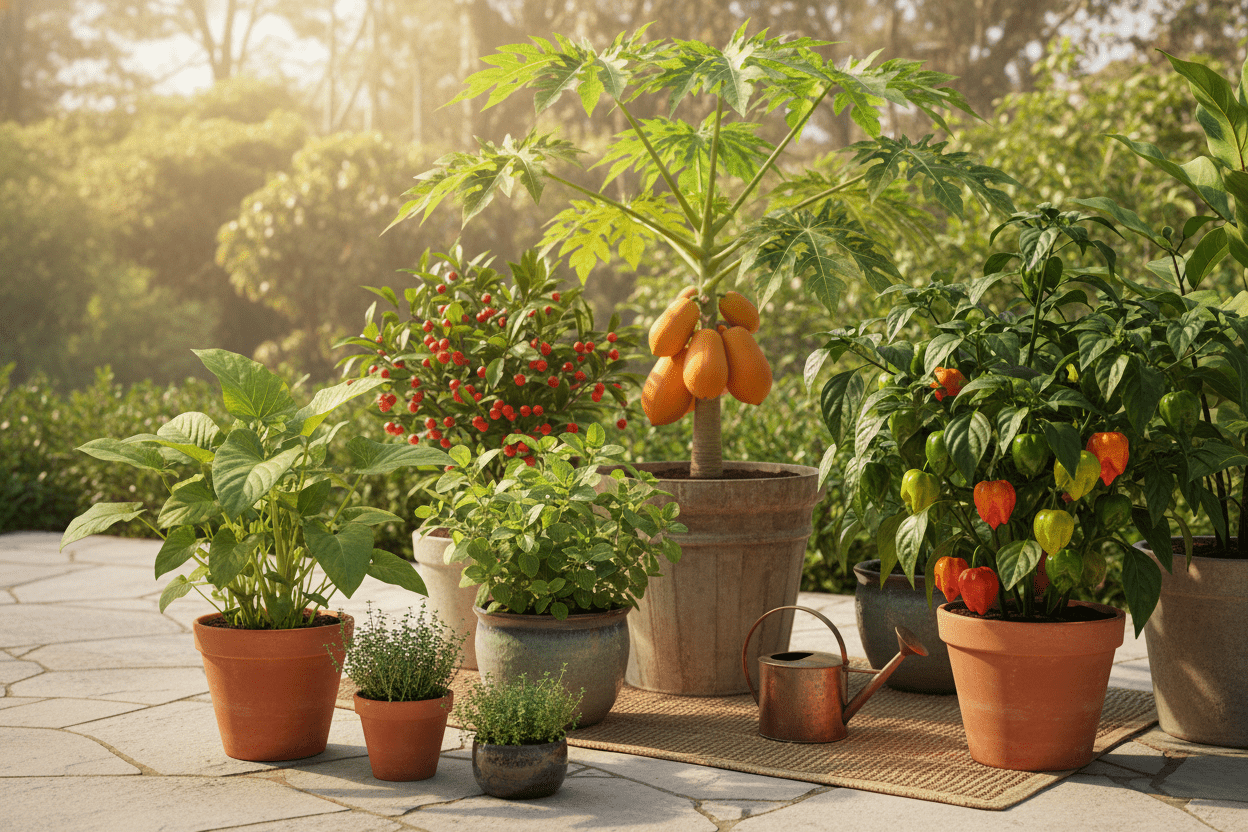 Potted tropical plants and herbs thrive outdoors, showcasing vibrant growth from caribbean garden seed for home gardeners