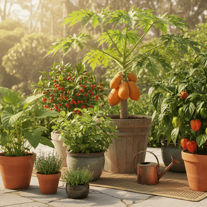 Potted tropical plants and herbs thrive outdoors, showcasing vibrant growth from caribbean garden seed for home gardeners