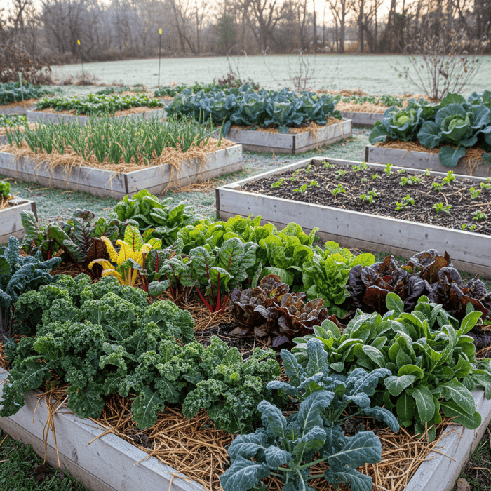 Raised garden beds with leafy greens highlight 20 most productive crops you must plant in November for success