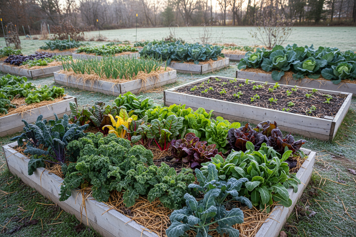 Raised garden beds with leafy greens highlight 20 most productive crops you must plant in November for success
