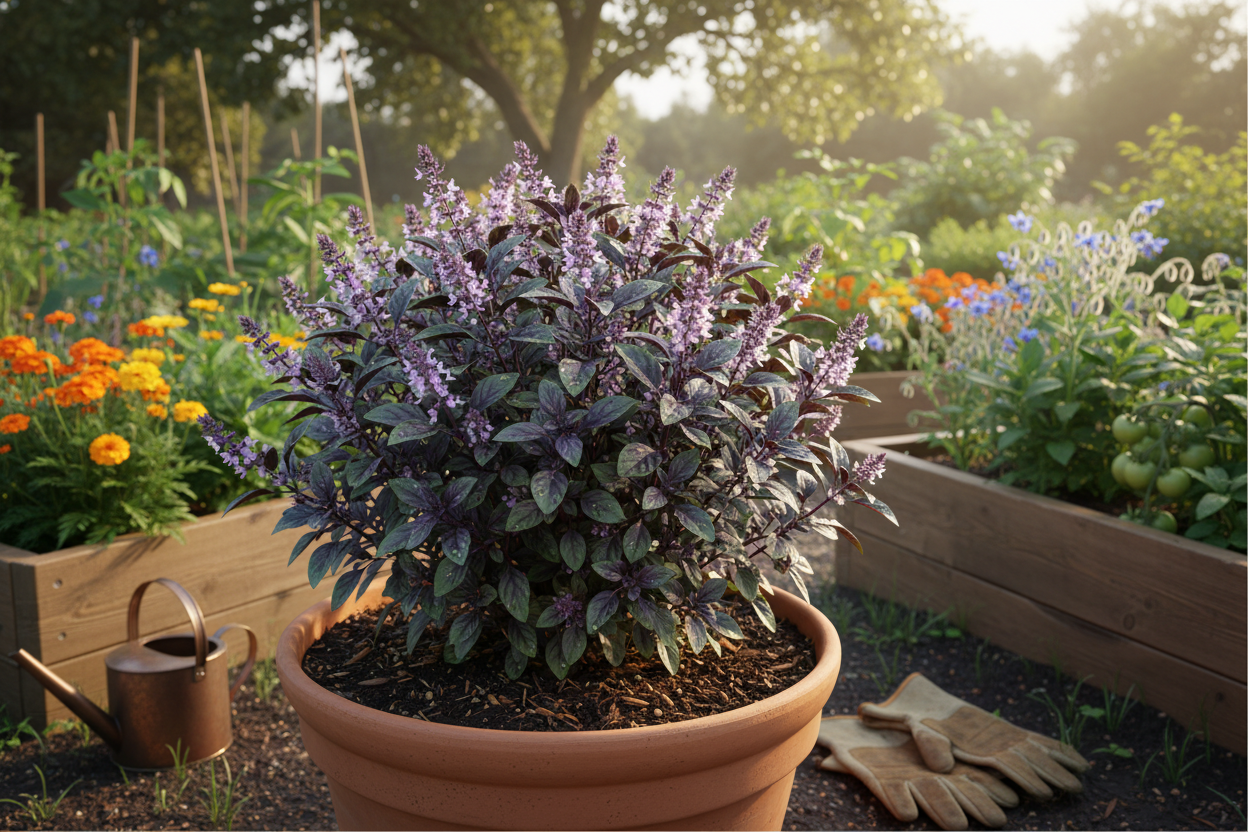 Organic herb gardening with lush basil in a pot surrounded by vibrant backyard raised beds