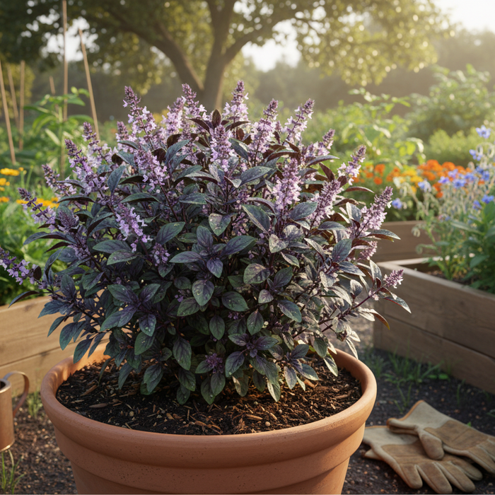Organic herb gardening with lush basil in a pot surrounded by vibrant backyard raised beds