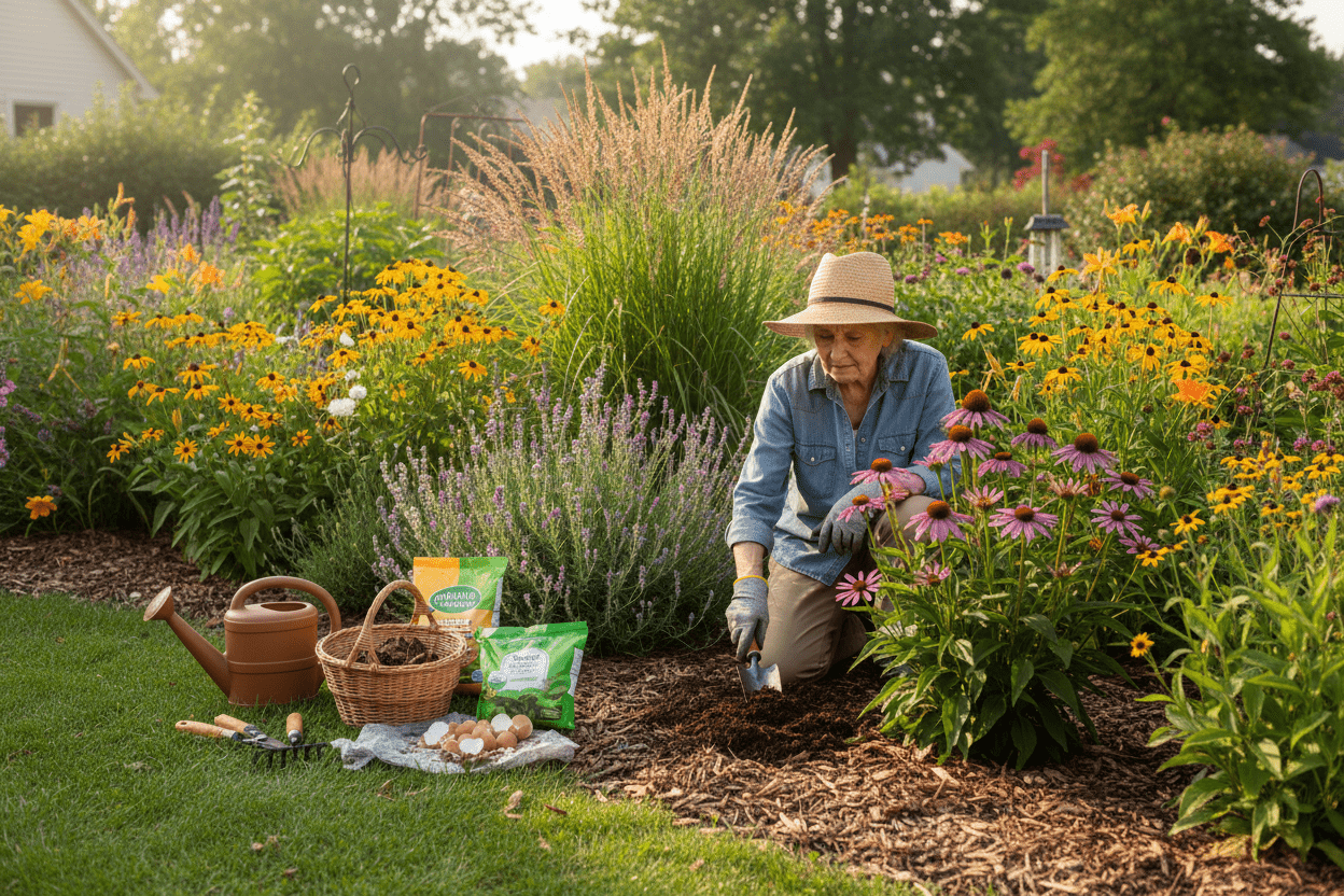 Senior woman tending flower beds with tools and mulch for a perennial garden plants care guide