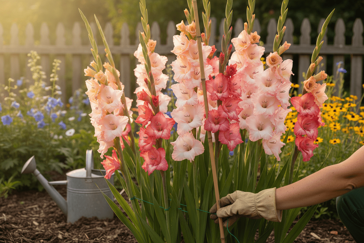 Pink gladiolus care tips for healthy blooms in a sunny backyard garden setting