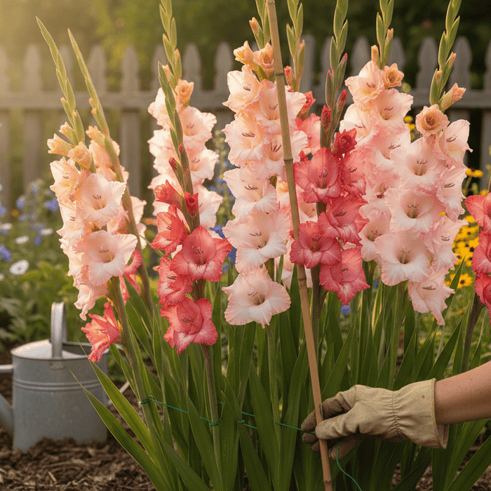 Pink gladiolus care tips for healthy blooms in a sunny backyard garden setting