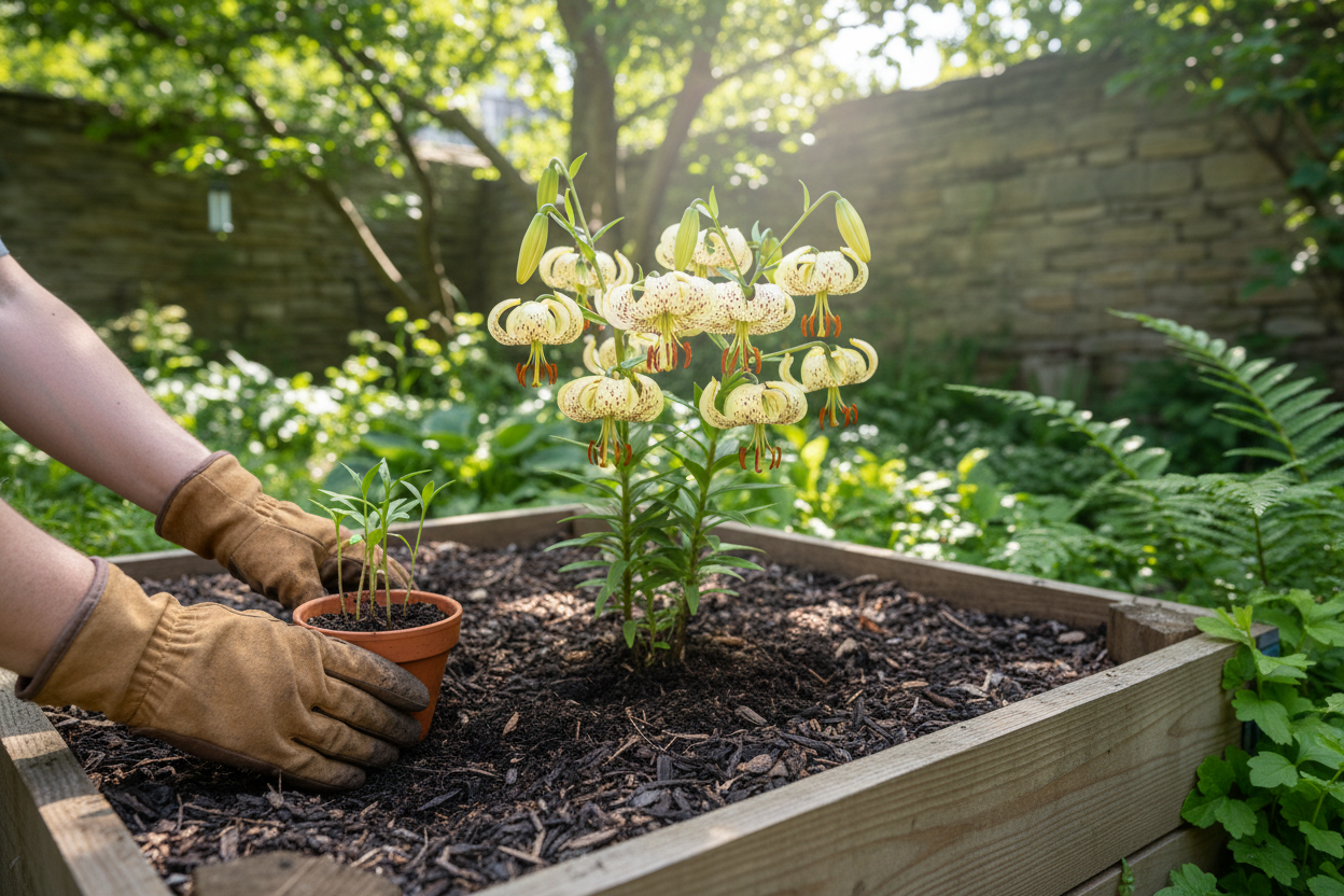 Gardener planting seedlings beside blooming lilies in a raised bed for successful rare lily cultivation