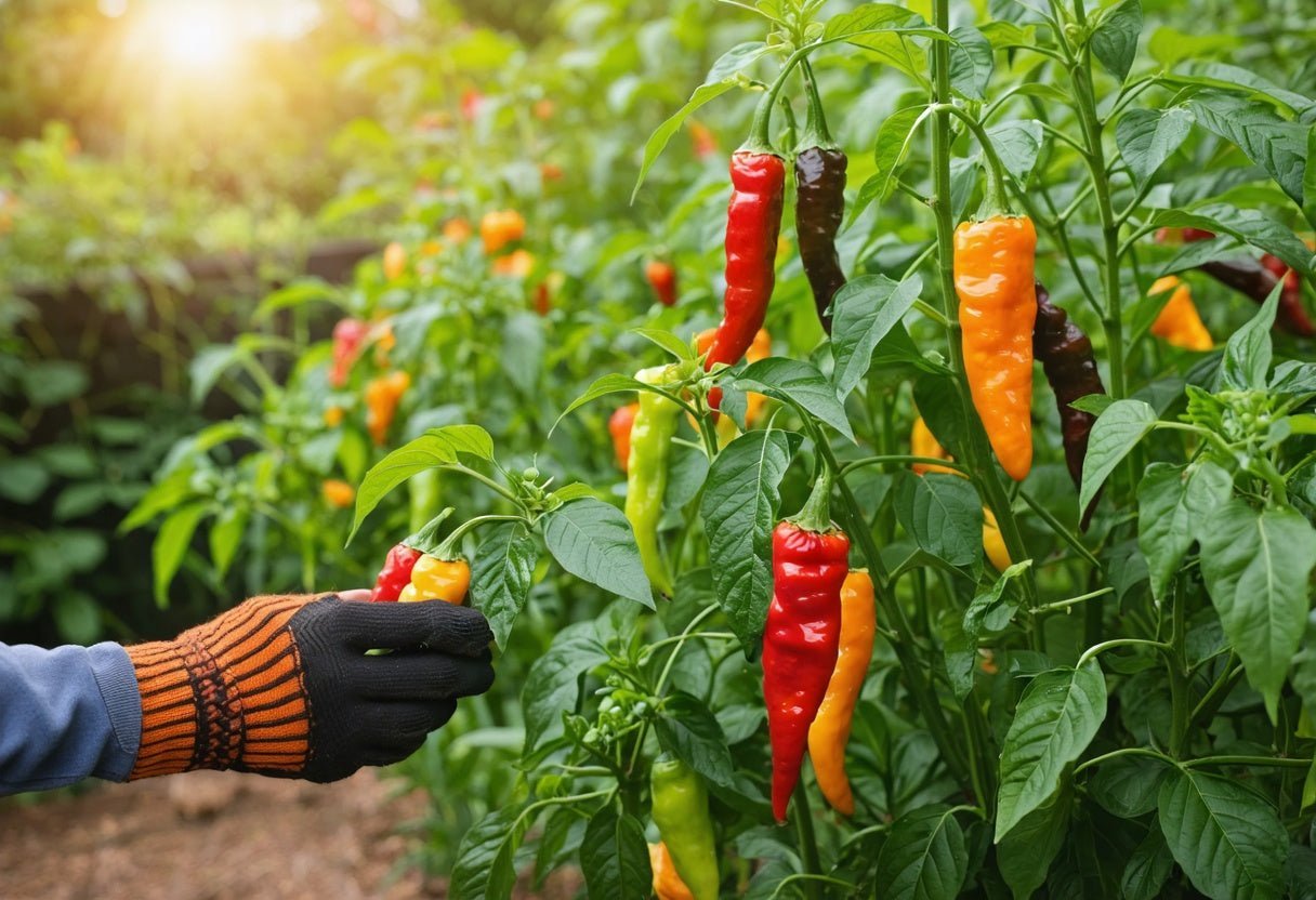 Hand harvesting ripe scotch bonnet pepper plant in a sunlit organic garden for your next homegrown harvest