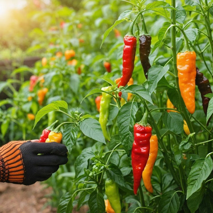 Hand harvesting ripe scotch bonnet pepper plant in a sunlit organic garden for your next homegrown harvest