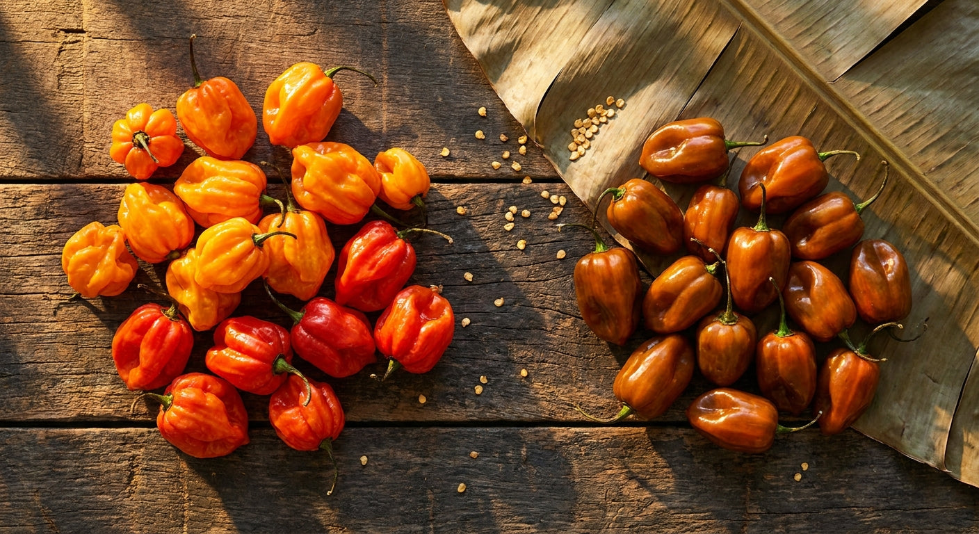 A close-up flat lay of ripe scotch bonnet and habanero peppers arranged side by side on a weathered dark wood surface, illuminated by warm natural sunlight with scattered seeds and a tropical leaf accent.