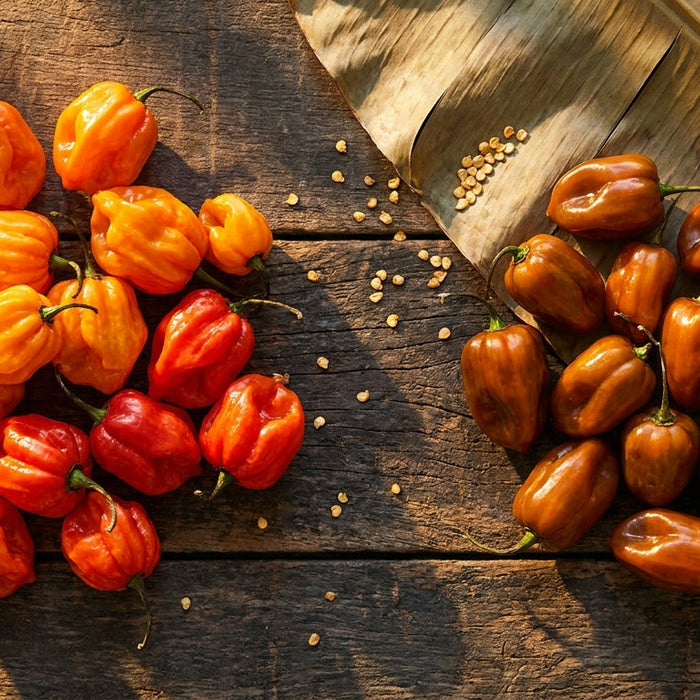 A close-up flat lay of ripe scotch bonnet and habanero peppers arranged side by side on a weathered dark wood surface, illuminated by warm natural sunlight with scattered seeds and a tropical leaf accent.