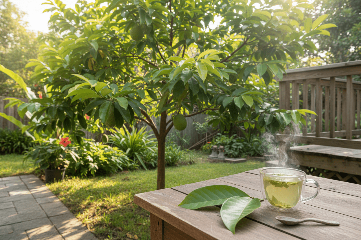 Fresh soursop leaf benefits for home gardeners shown with backyard tree and herbal tea on patio table