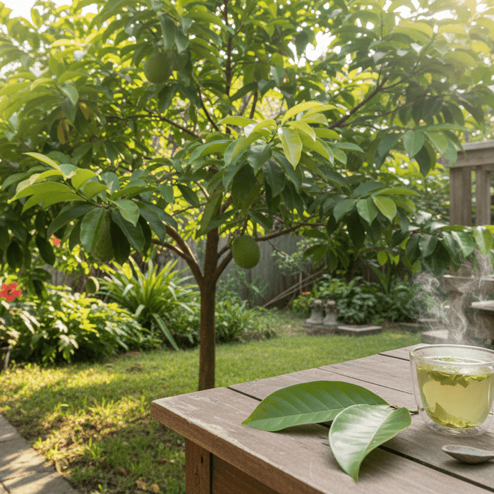 Fresh soursop leaf benefits for home gardeners shown with backyard tree and herbal tea on patio table