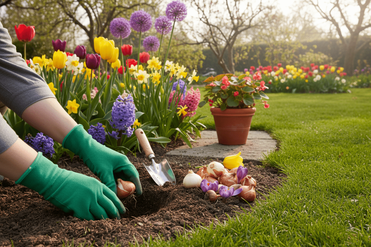 Hands planting flower bulbs in spring garden for a seasonal bulb planting guide with colorful blooms and tips for gardeners