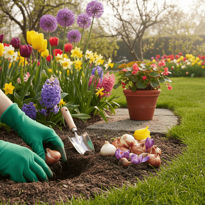 Hands planting flower bulbs in spring garden for a seasonal bulb planting guide with colorful blooms and tips for gardeners