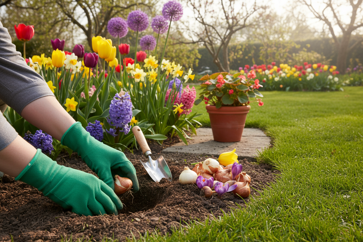 Hands planting flower bulbs in spring garden for a seasonal bulb planting guide with colorful blooms and tips for gardeners