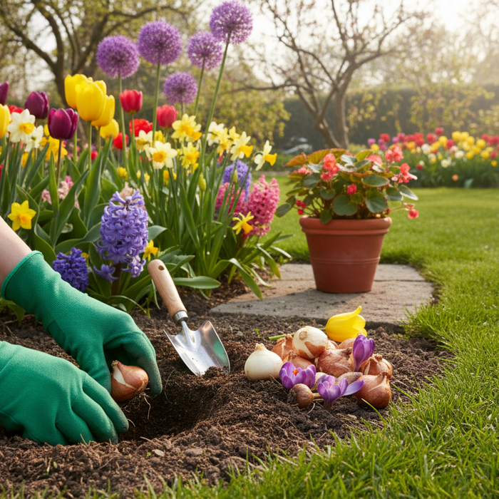 Hands planting flower bulbs in spring garden for a seasonal bulb planting guide with colorful blooms and tips for gardeners