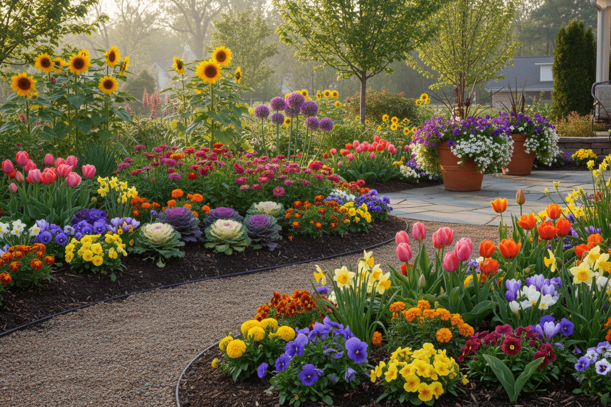 Colorful seasonal flowers for home gardens blooming along a backyard path, inspiring vibrant garden ideas