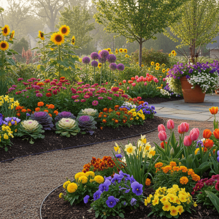 Colorful seasonal flowers for home gardens blooming along a backyard path, inspiring vibrant garden ideas
