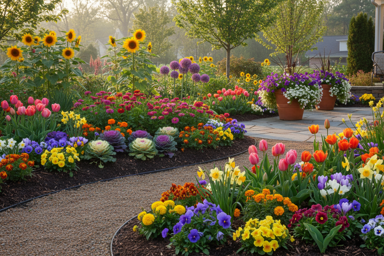 Colorful seasonal flowers for home gardens blooming along a backyard path, inspiring vibrant garden ideas