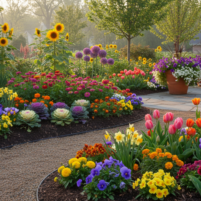 Colorful seasonal flowers for home gardens blooming along a backyard path, inspiring vibrant garden ideas