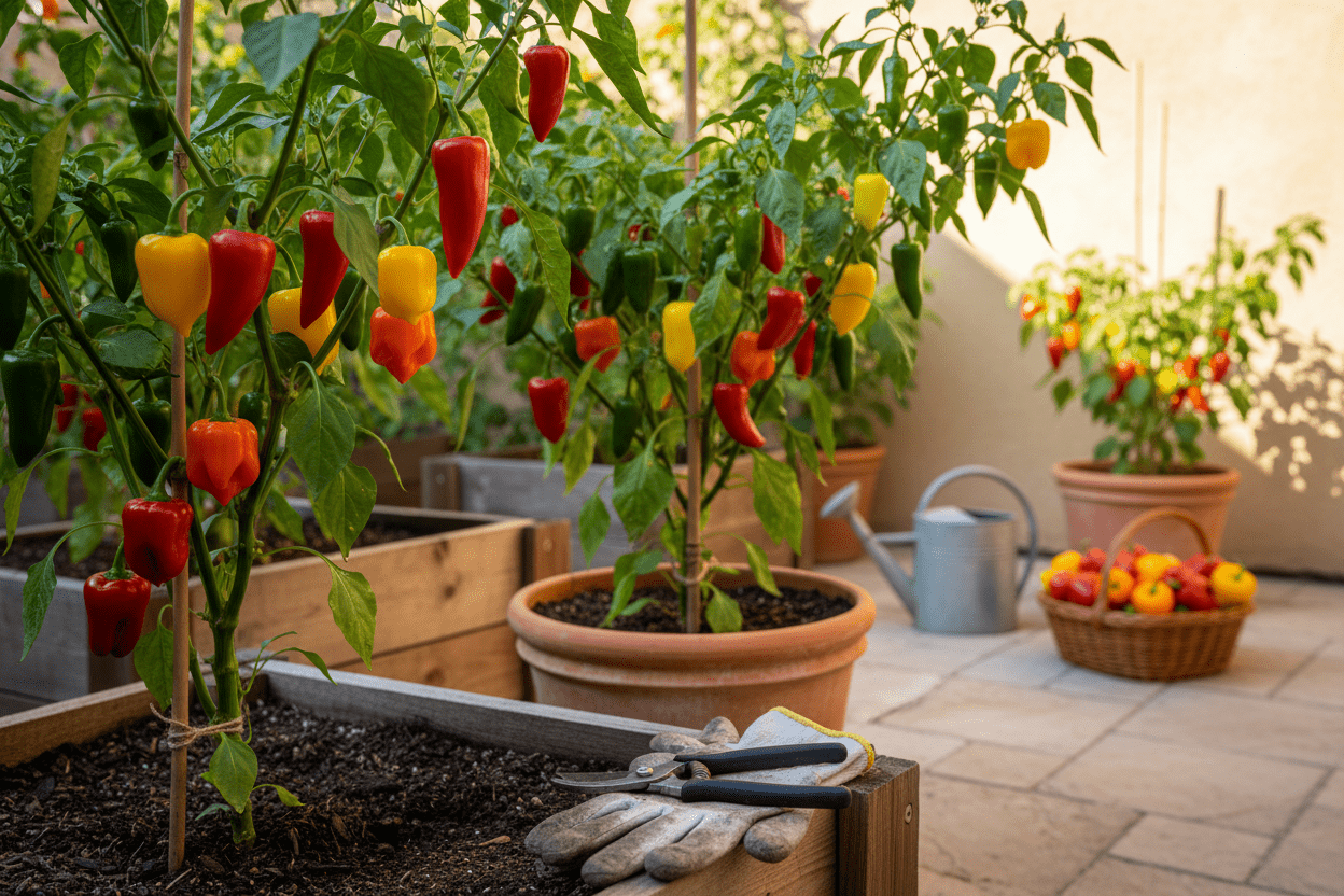 Colorful peppers thriving in containers, perfect for growing hot peppers at home in your backyard garden