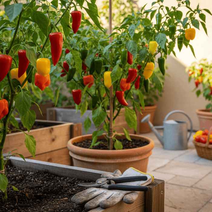Colorful peppers thriving in containers, perfect for growing hot peppers at home in your backyard garden