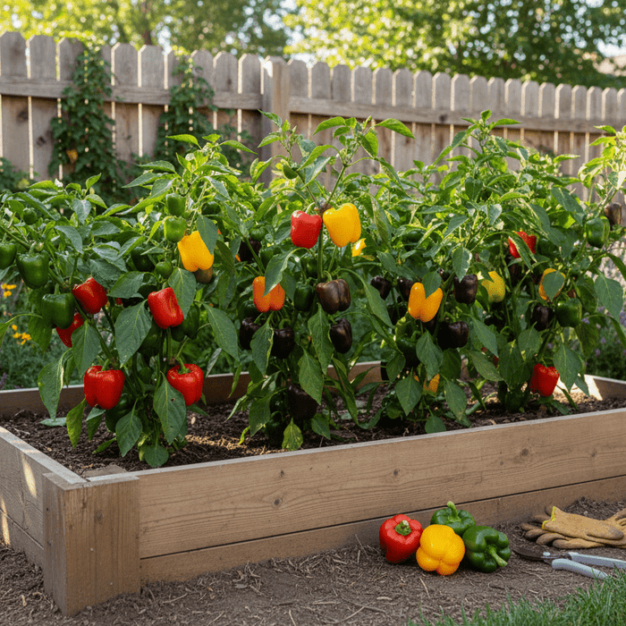 Colorful sweet peppers growing in a raised garden bed for a practical growing sweet peppers guide