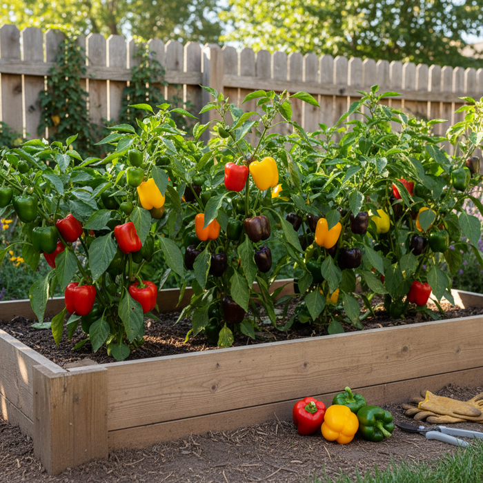 Colorful sweet peppers growing in a raised garden bed for a practical growing sweet peppers guide