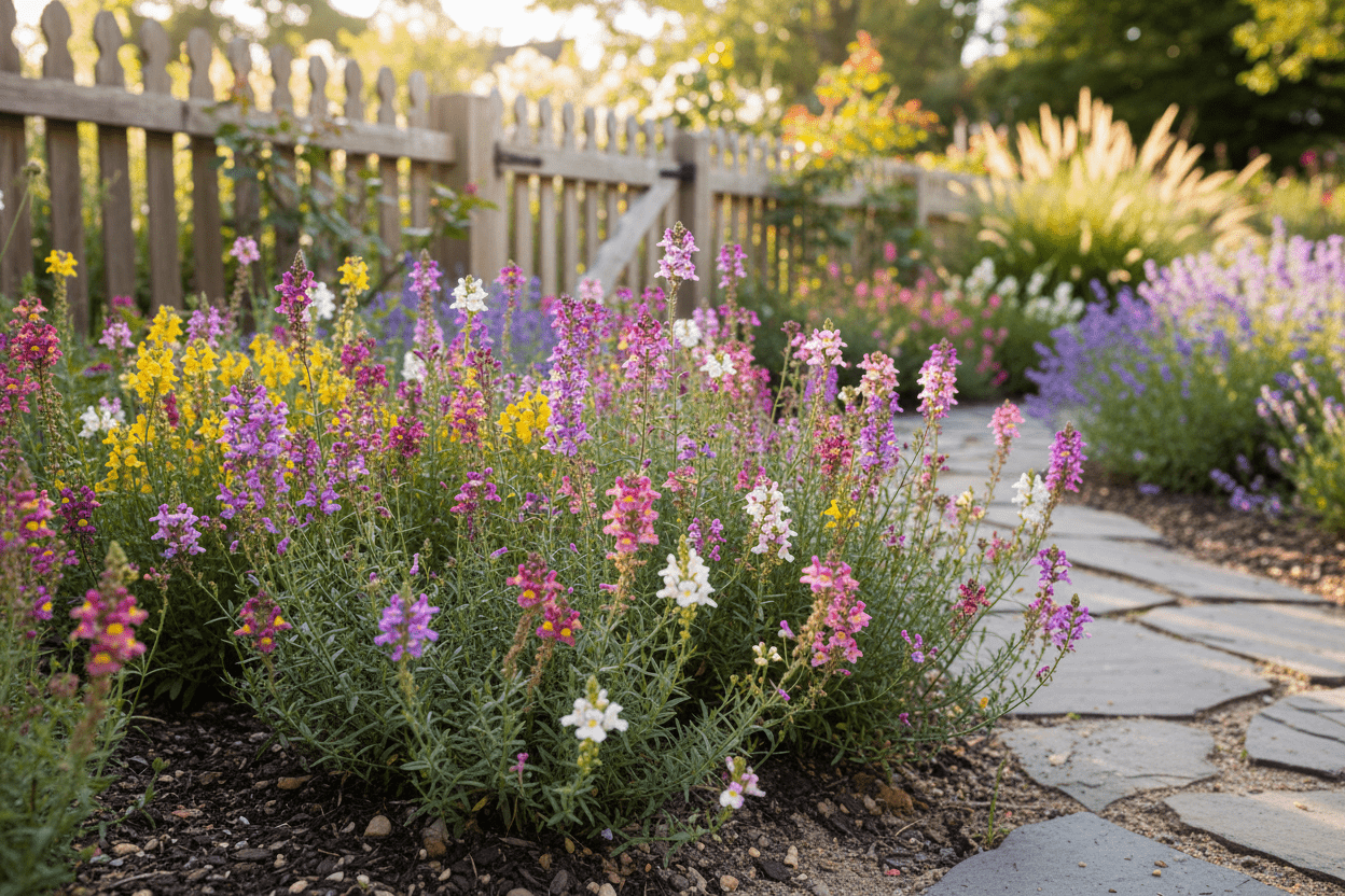 Colorful toadflax flowers blooming along a garden path for a helpful toadflax growing guide