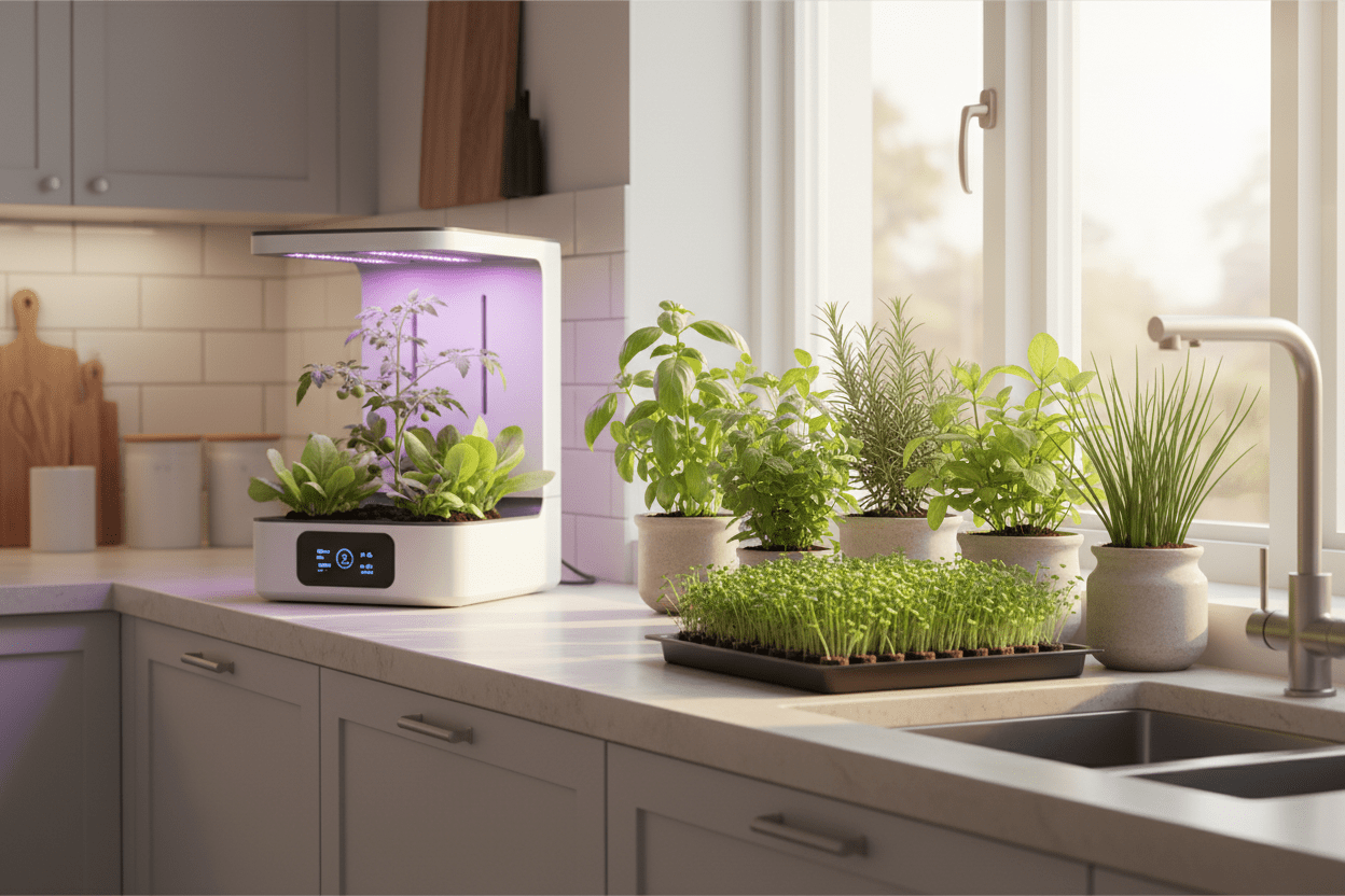 Fresh herbs and microgreens thriving on a sunny kitchen counter, perfect for growing edible plants at home