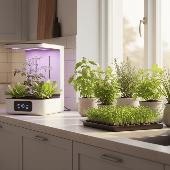 Fresh herbs and microgreens thriving on a sunny kitchen counter, perfect for growing edible plants at home