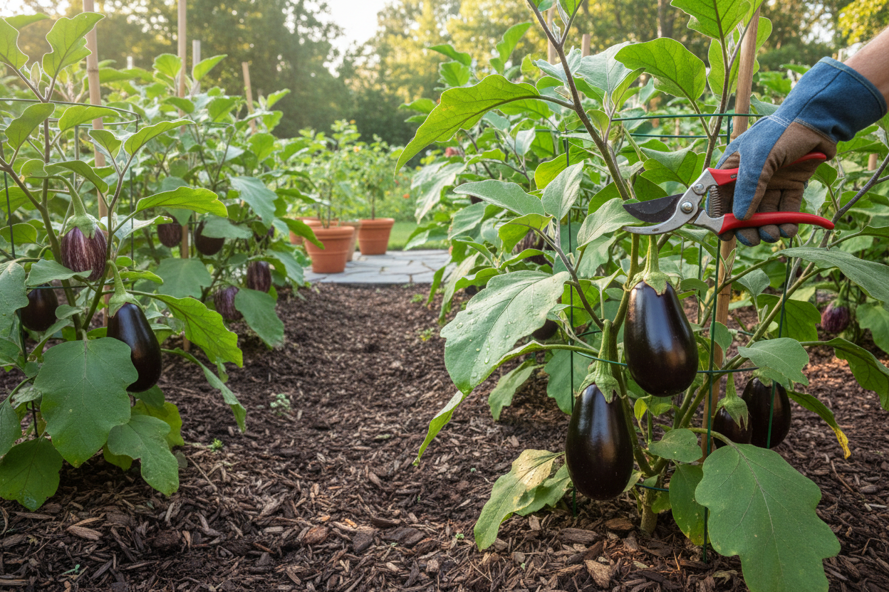 Home gardener harvesting ripe eggplants in a backyard garden for an easy eggplant growing guide