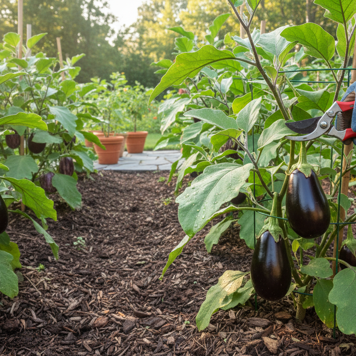 Home gardener harvesting ripe eggplants in a backyard garden for an easy eggplant growing guide