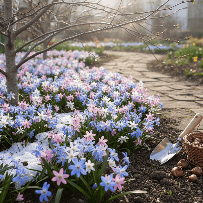 Glory of snow planting guide for vibrant spring blooms in a backyard garden with bulbs and tools