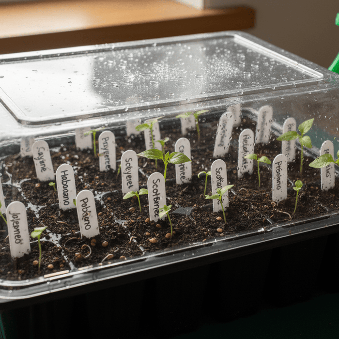 Seed tray under humidity dome showing how to germinate pepper seeds for successful home gardening