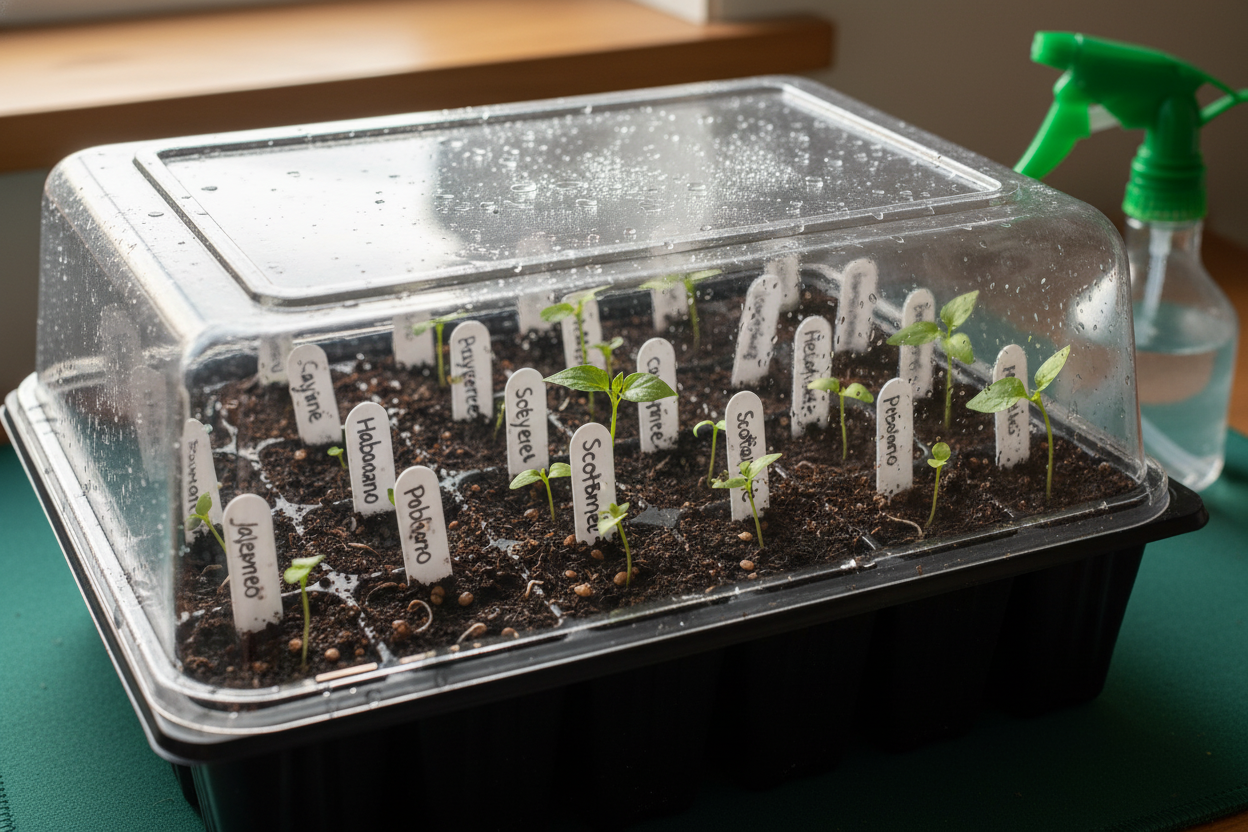 Seed tray under humidity dome showing how to germinate pepper seeds for successful home gardening