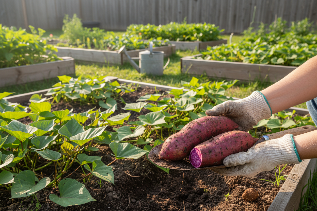 Harvesting fresh purple sweet potatoes in a backyard garden for tips on growing purple sweet potato